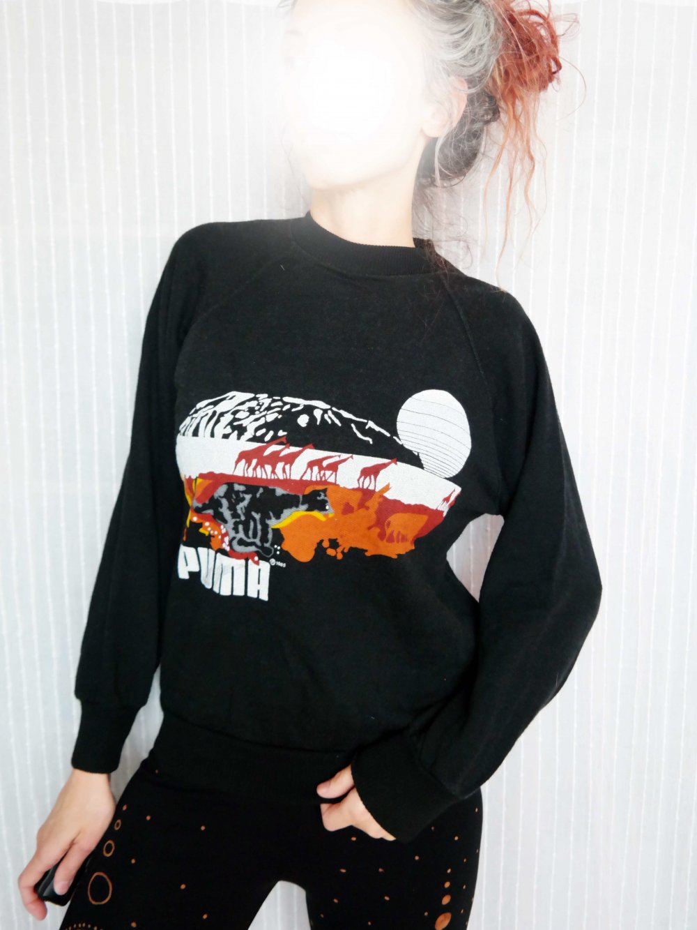 Original Vintage Puma 80er Pullover Sweatshirt Eighties schwarz Afrika Tiere M 38