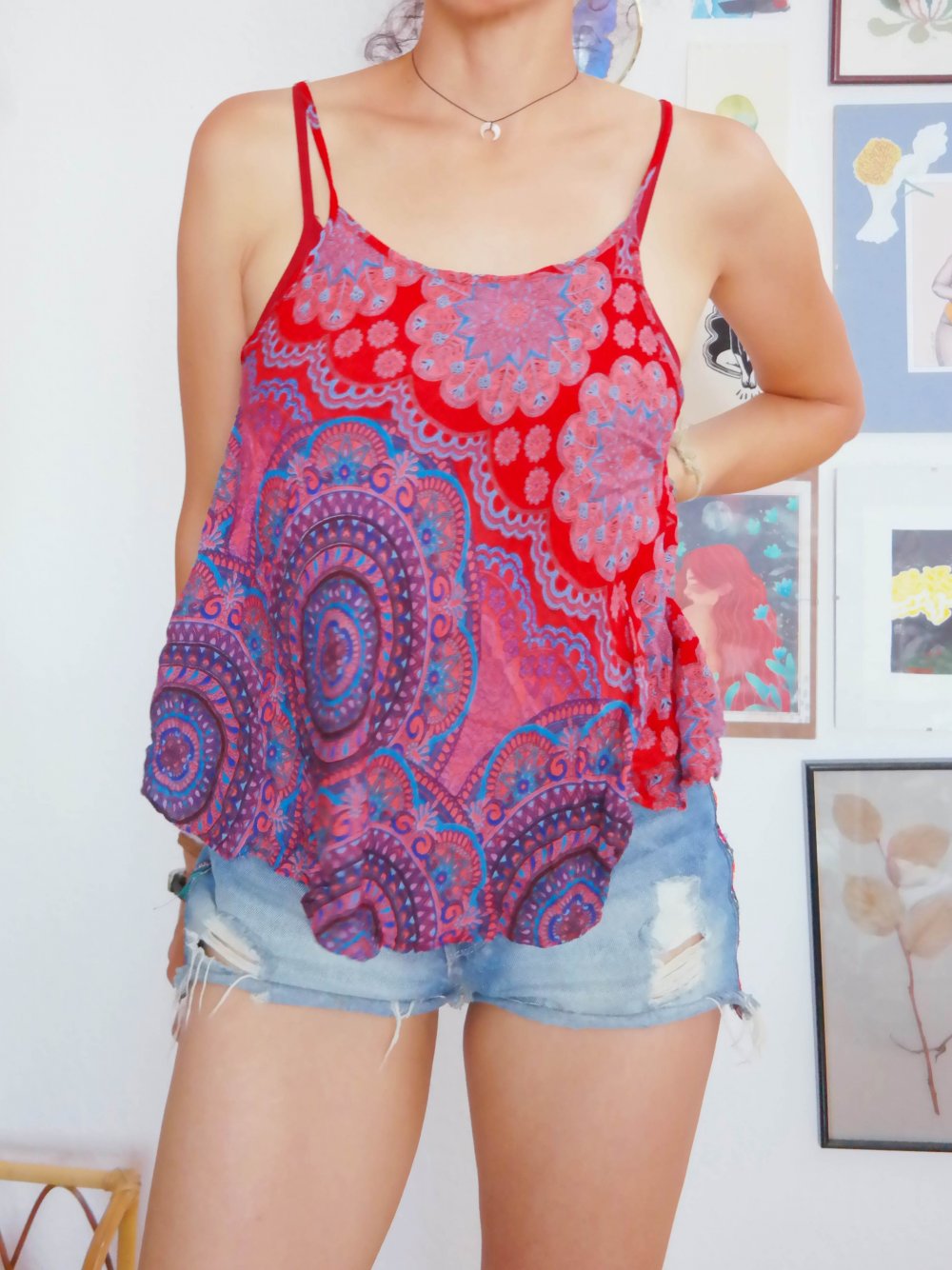Ethno Hippie Top Trägertop bunt Mandala Babydoll locker luftig M L 38 40
