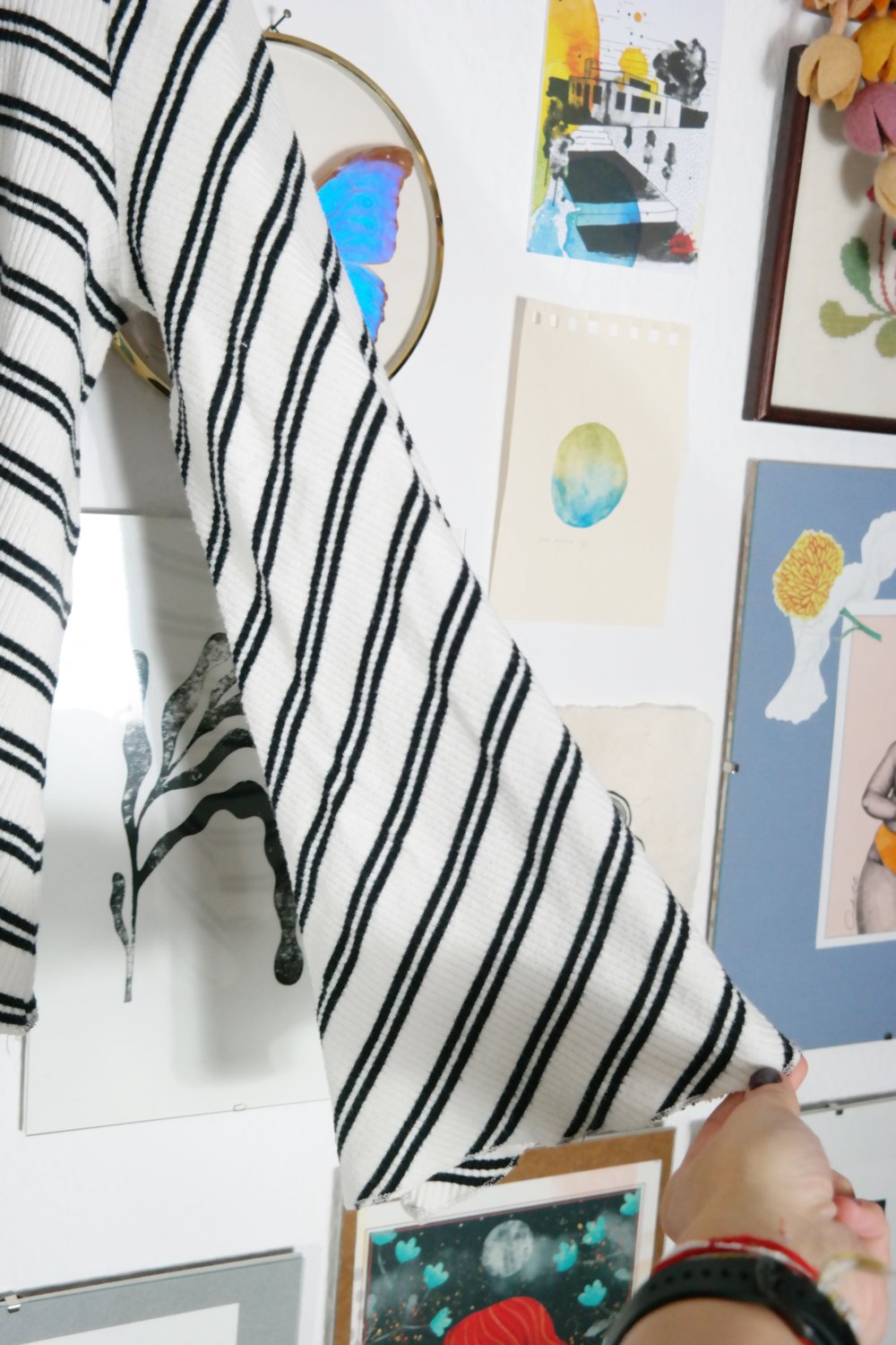 Mango Langarmshirt Pullover Schlagärmel Flügelärmel Hippie Streifen gestreift M 38 schwarz weiß