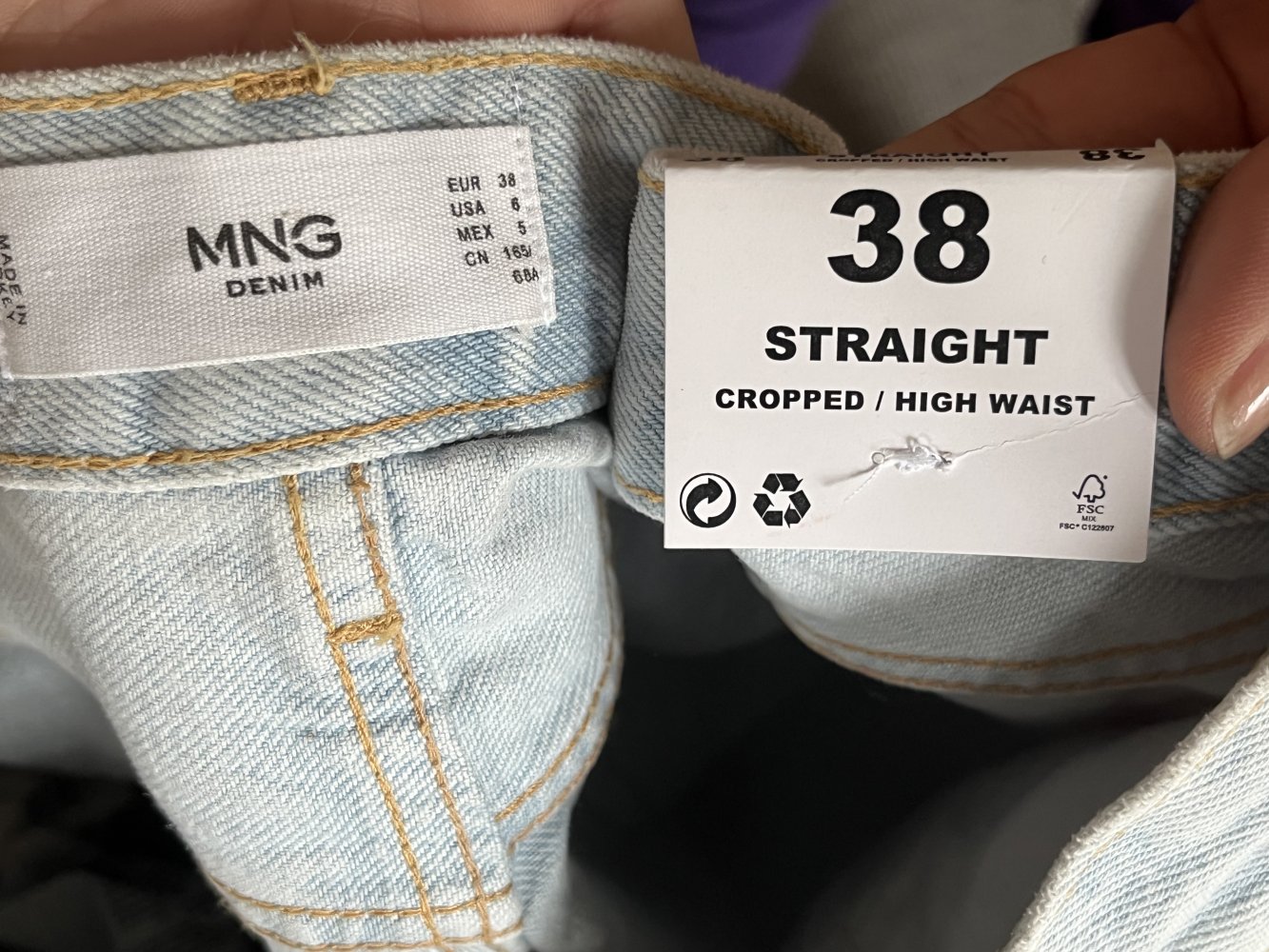 MNG High Waist Bi-Color Straight Cropped Jeans Blue Edition Gr.38 helle Färbung Neu mit Etikett, 