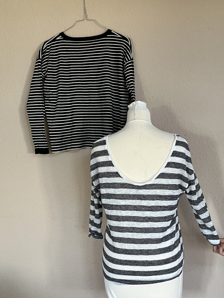 2 Stradivarius Feinstrick Ringel Pullover Gr.S grau / schwarz - weiß