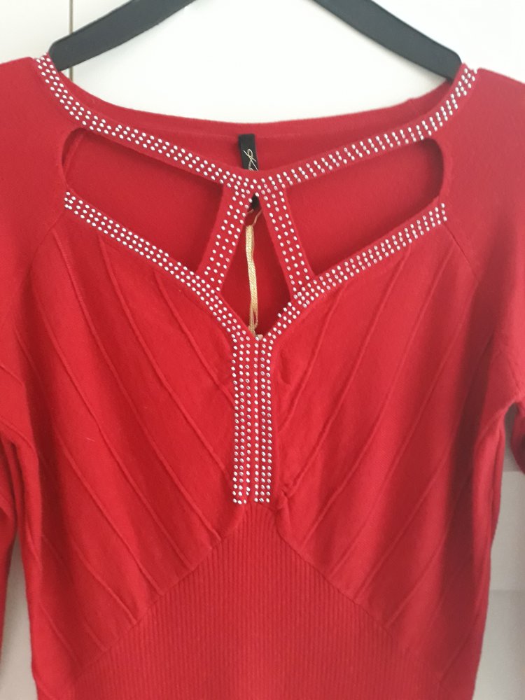 Pullover Damenpullover Strickpullover Pullover mit V-Ausschnitt Pullover elegant Damen Gr. 38-40 rot mit Strasssteinen