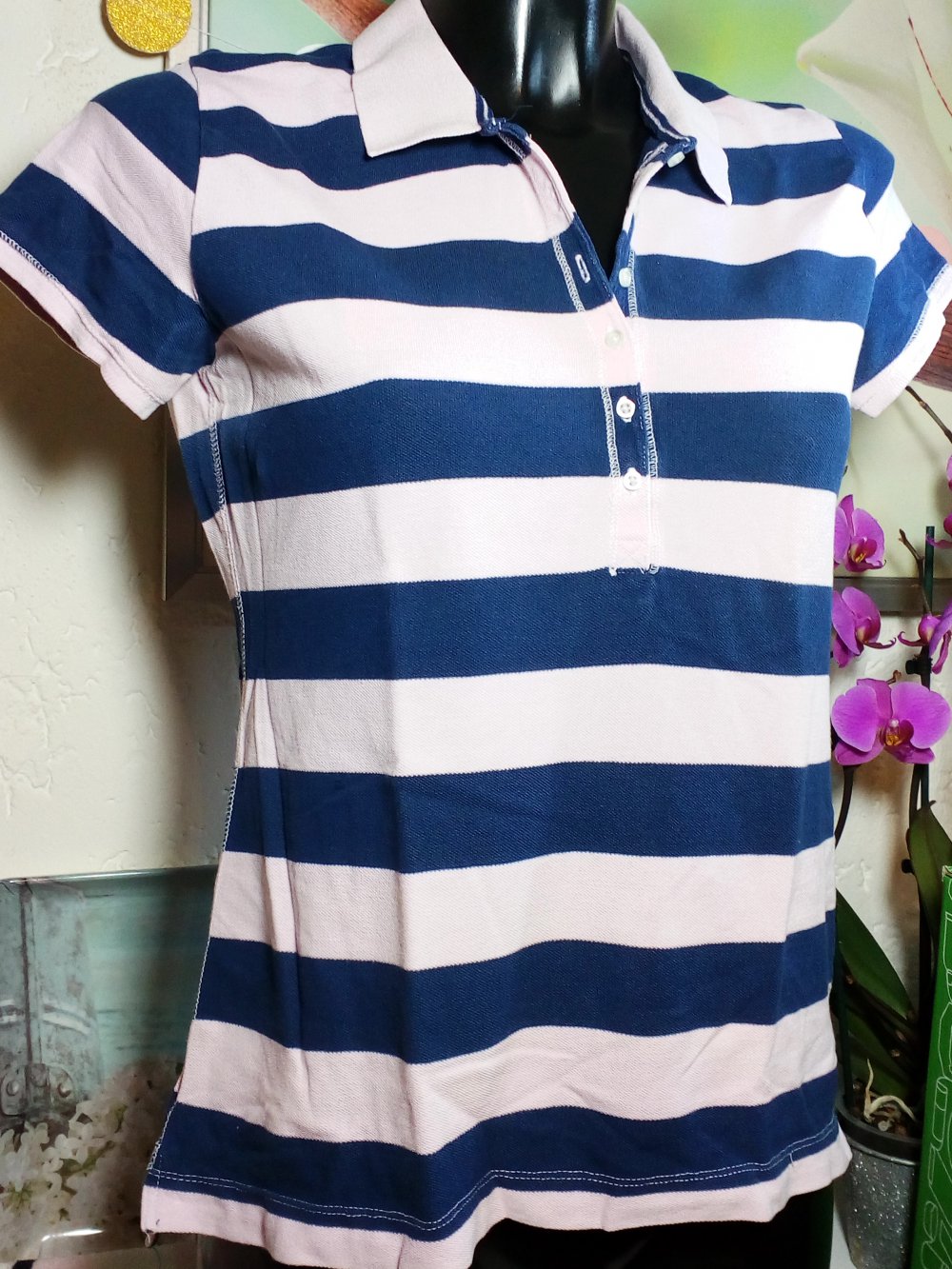 TOP! Rosa Blau gestreiftes Logg by H&M Polo Shirt mit Knöpfen & Kragen Gr M 38 Medium Stripes