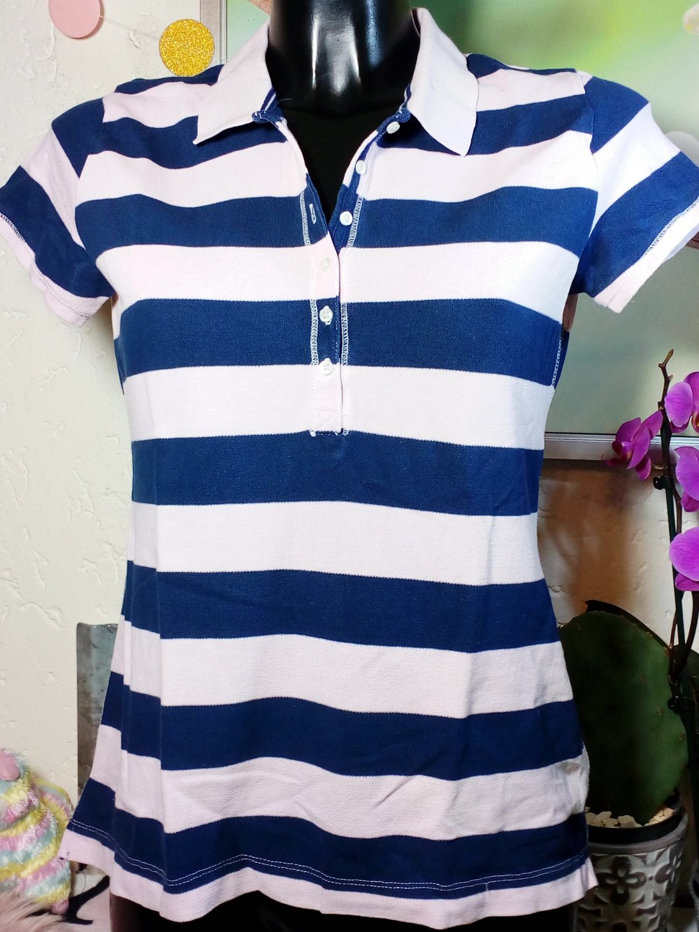 TOP! Rosa Blau gestreiftes Logg by H&M Polo Shirt mit Knöpfen & Kragen Gr M 38 Medium Stripes