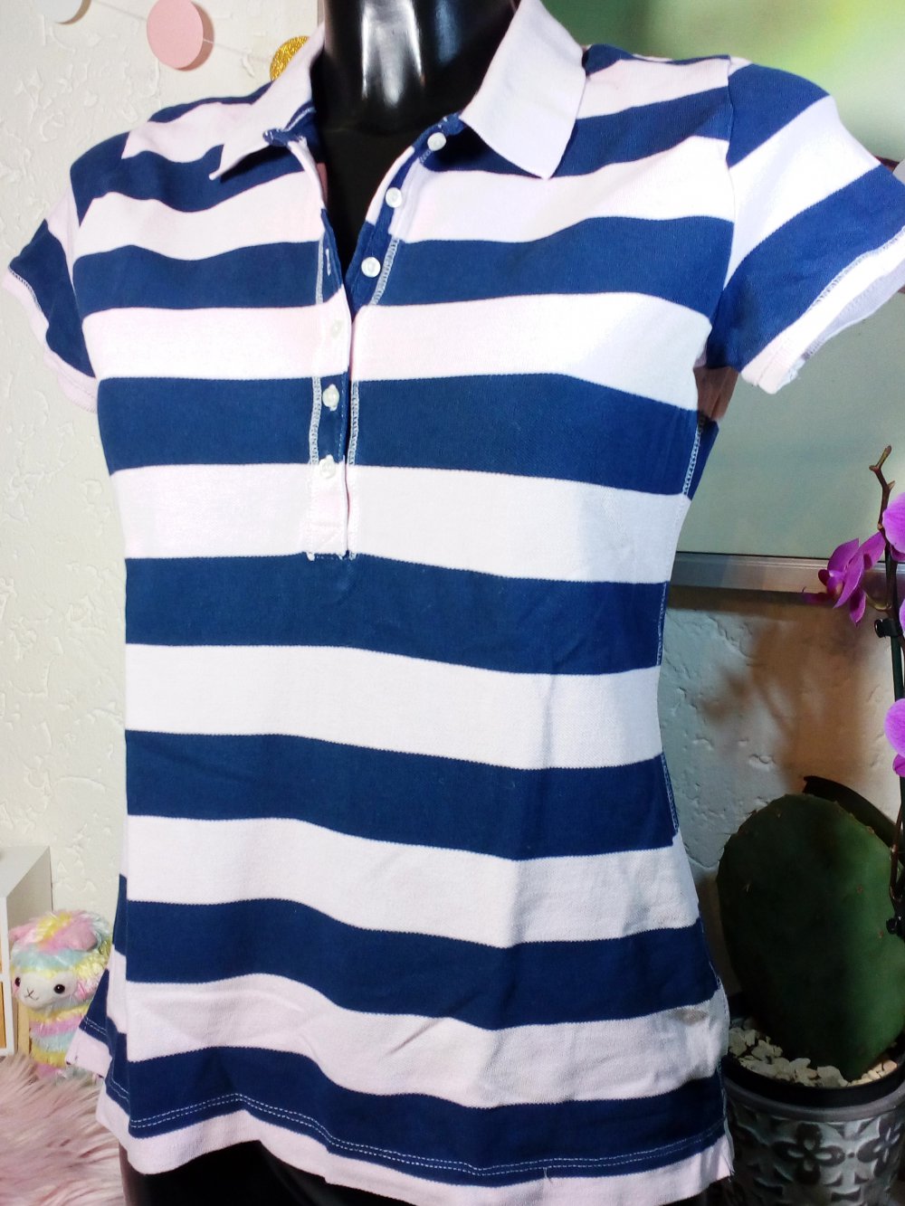TOP! Rosa Blau gestreiftes Logg by H&M Polo Shirt mit Knöpfen & Kragen Gr M 38 Medium Stripes
