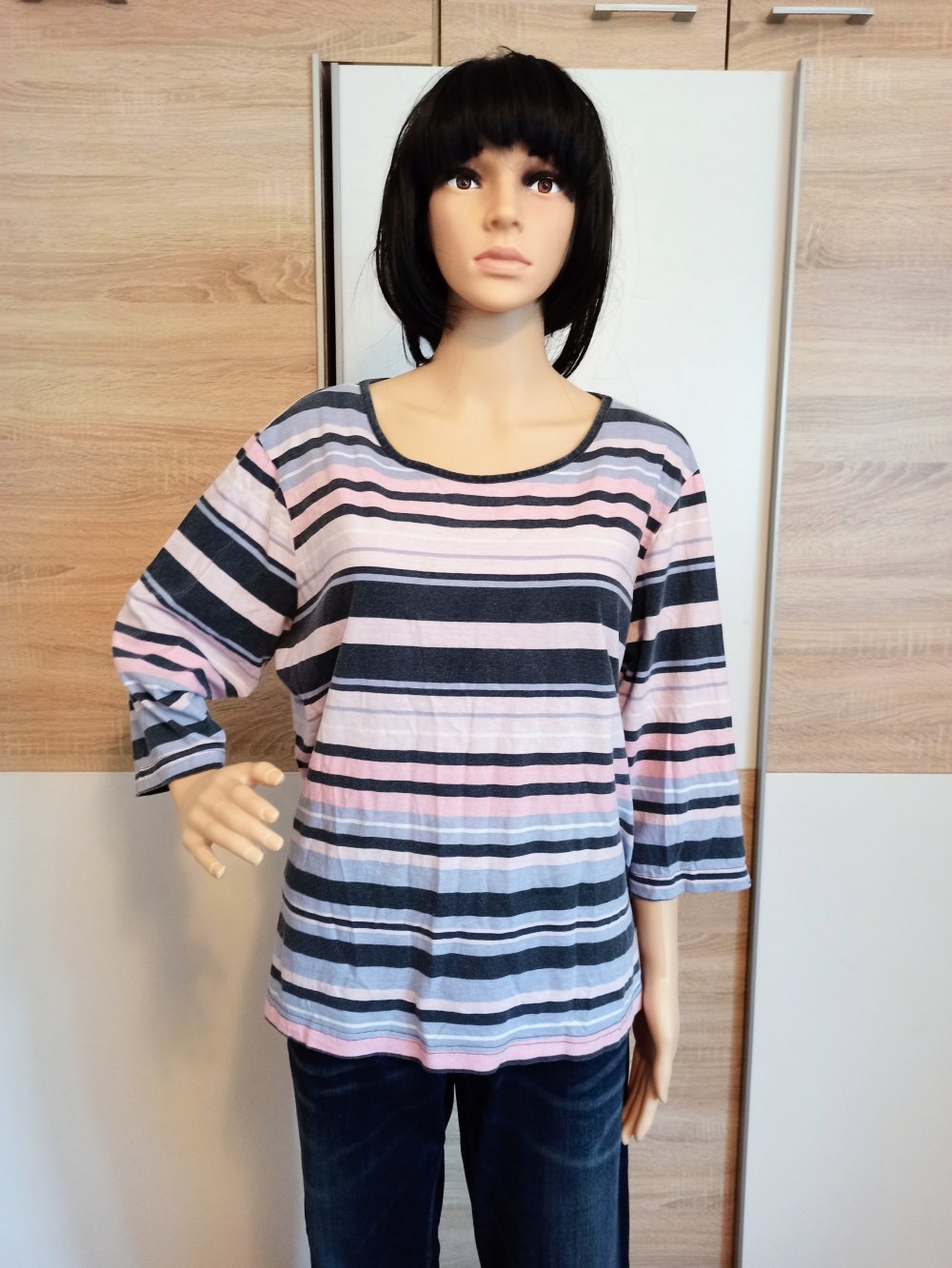 Schöner gestreifte Langarm-Shirt blau/weiß/Rose