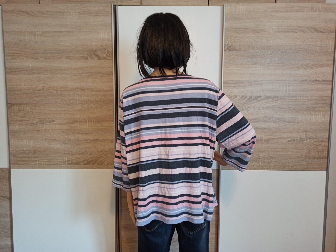 Schöner gestreifte Langarm-Shirt blau/weiß/Rose