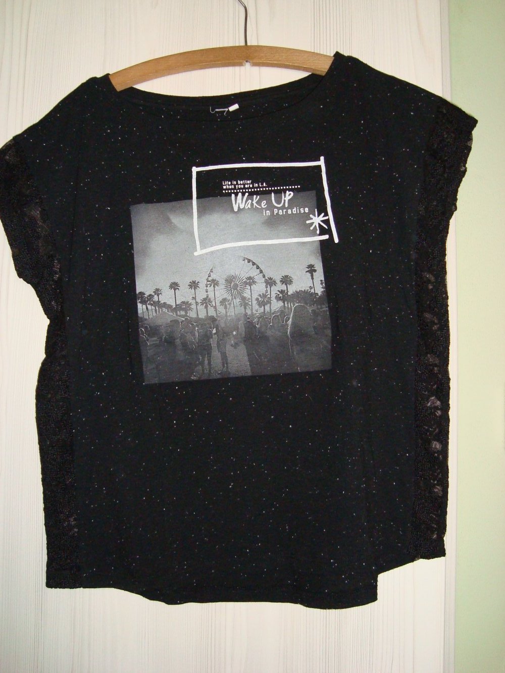 Shirt, T-Shirt, kurzarm, schwarz mit Aufdruck, Größe S,mit Spitze