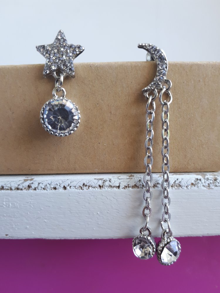 Asymmetrische Ohrringe Sterne Mond  Vintage 925 Sterling  Silber Pin Ohrringe ungetragen 