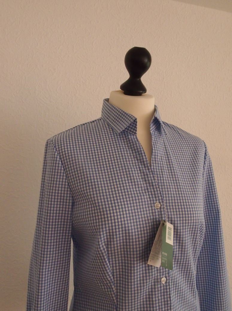Esmara bügelfreie Bluse, Hemd, weiß-blau Vichy, 100% Baumwolle, Gr. 38