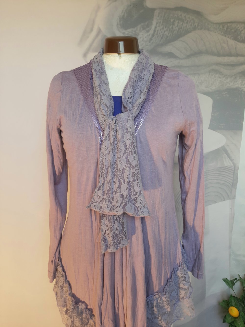 Long Strickjacke/Tunika mit Spitze