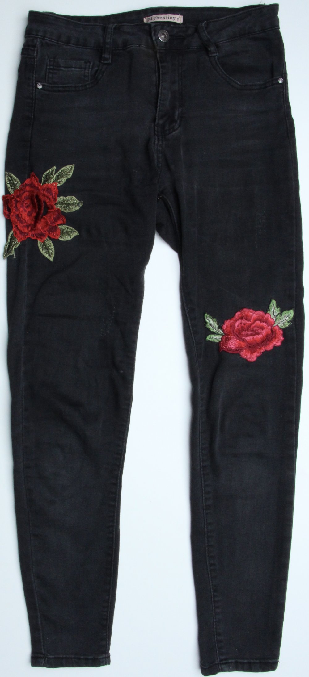 Jeanshose Größe S 36 schwarz Blumenaufsatz Rose Damen-Hose Jeans Hose Gr Blume Blumen Aufsatz grün eng 