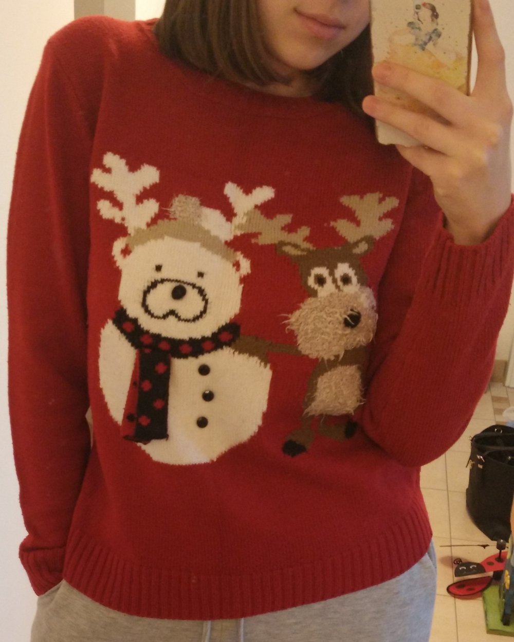 Weihnachtspullover rot Schneemann Rentier