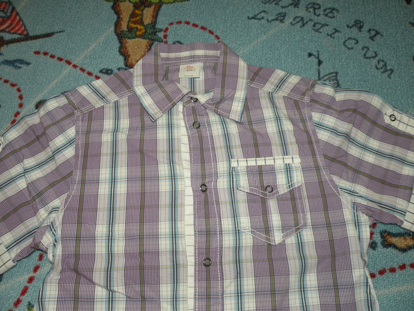 Jungen Kurzarm Hemd Gr 152 top Zustand s.Oliver lila weiss blau oliv kariert Hochzeit Sommer Urlaub