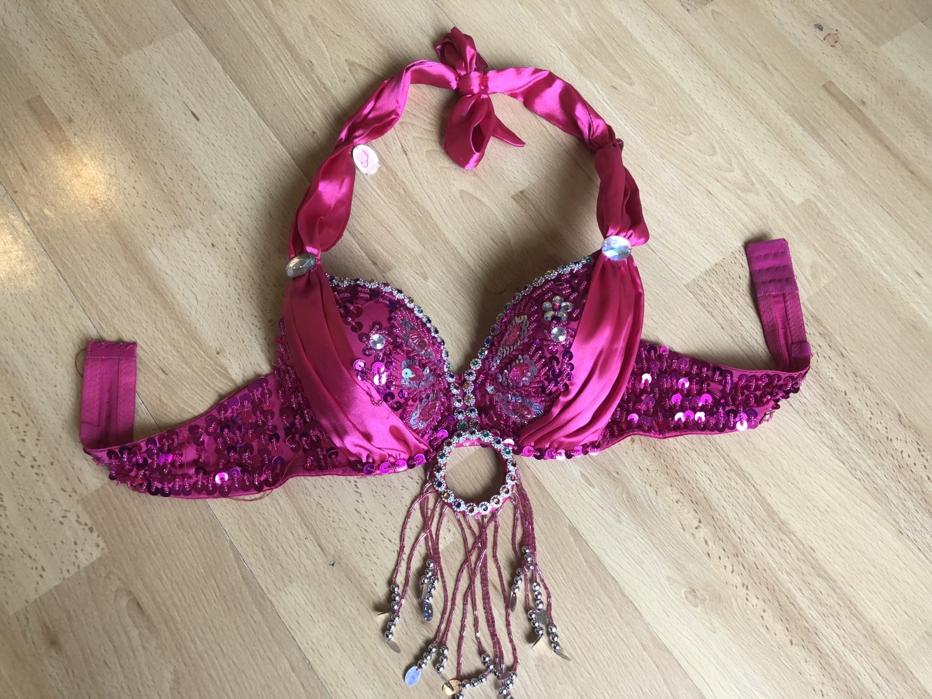Bauchtanz Bustier, BH. Oberteil, Kostüm, GoGo, Strip, Bikini pink mit Perlen und Pailletten bestickt, Satin