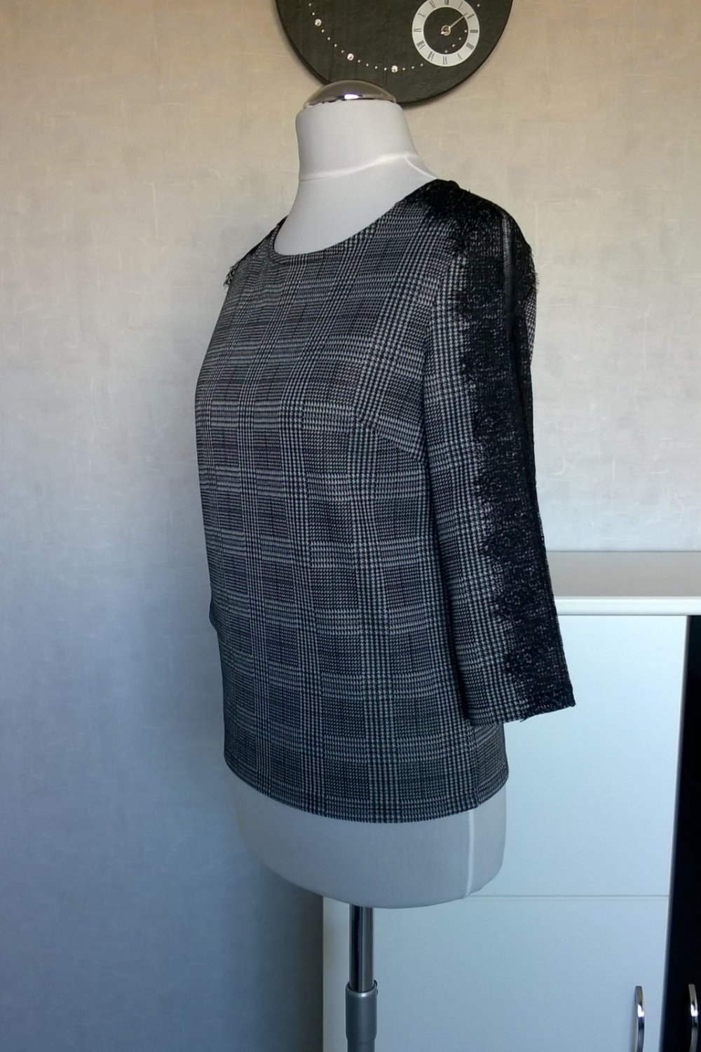 Bluse Shirt Oberteil Top ¾-Arm schwarz weiß kariert mit Spitze Gr. XS Orsay neu