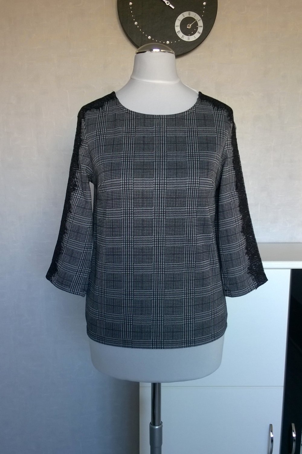 Bluse Shirt Oberteil Top ¾-Arm schwarz weiß kariert mit Spitze Gr. XS Orsay neu