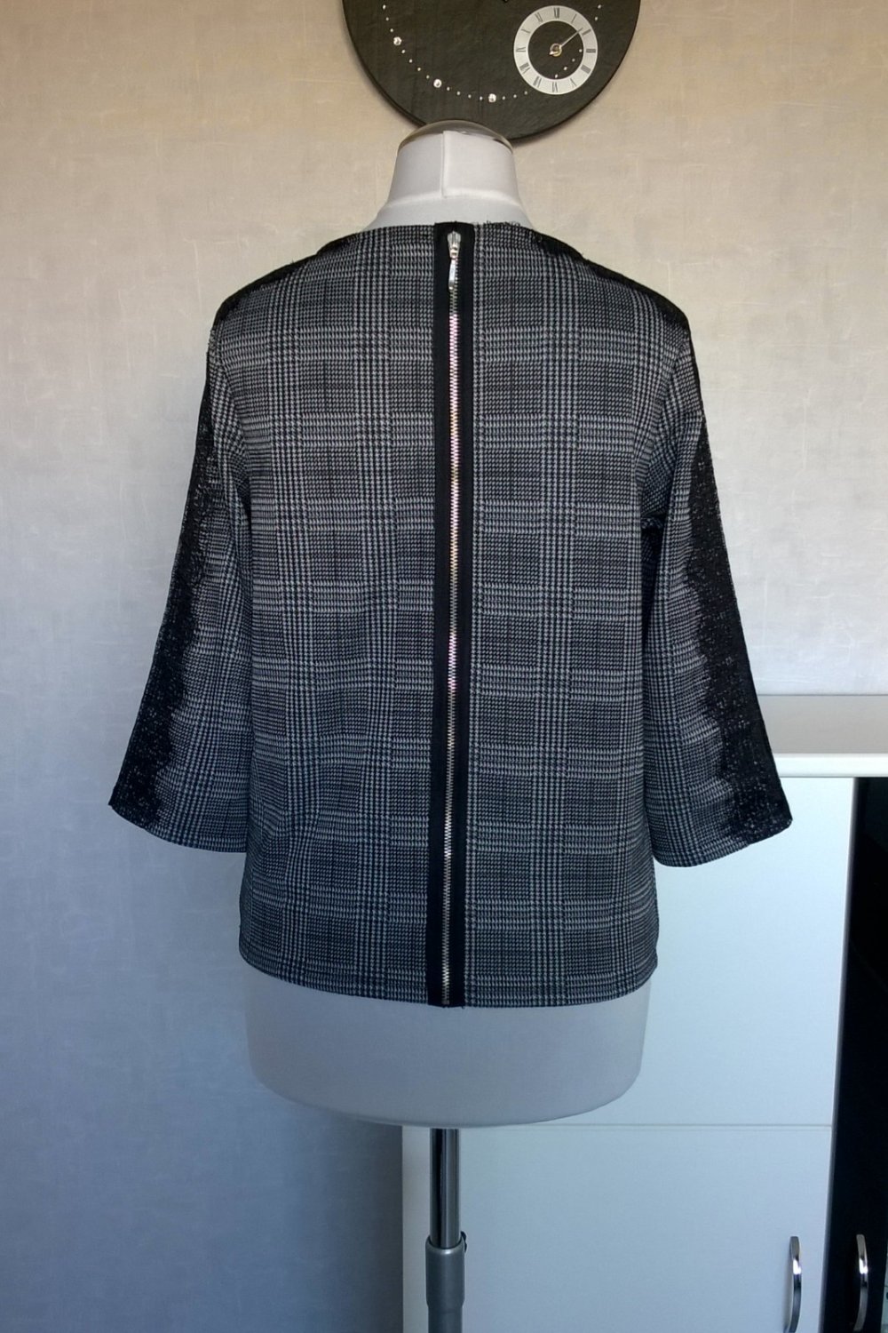 Bluse Shirt Oberteil Top ¾-Arm schwarz weiß kariert mit Spitze Gr. XS Orsay neu