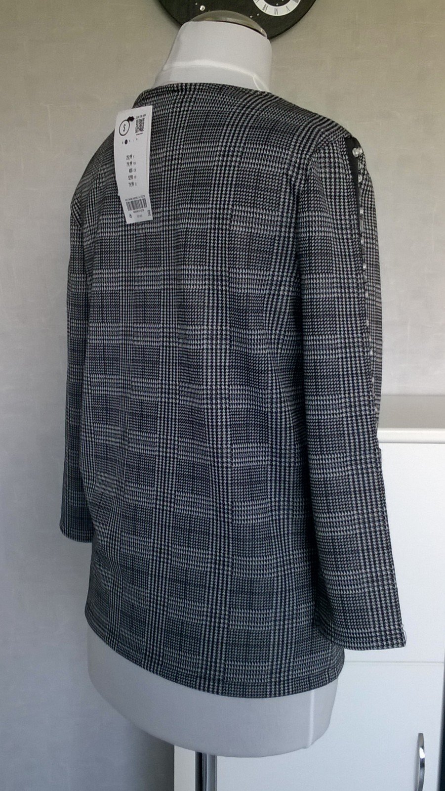 Shirt Bluse Oberteil Top ¾-Arm schwarz weiß kariert mit Steinen Gr. S Orsay neu mit Etikett