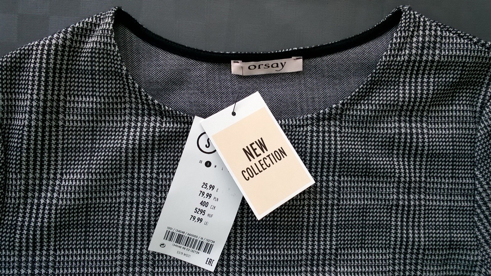 Shirt Bluse Oberteil Top ¾-Arm schwarz weiß kariert mit Steinen Gr. S Orsay neu mit Etikett