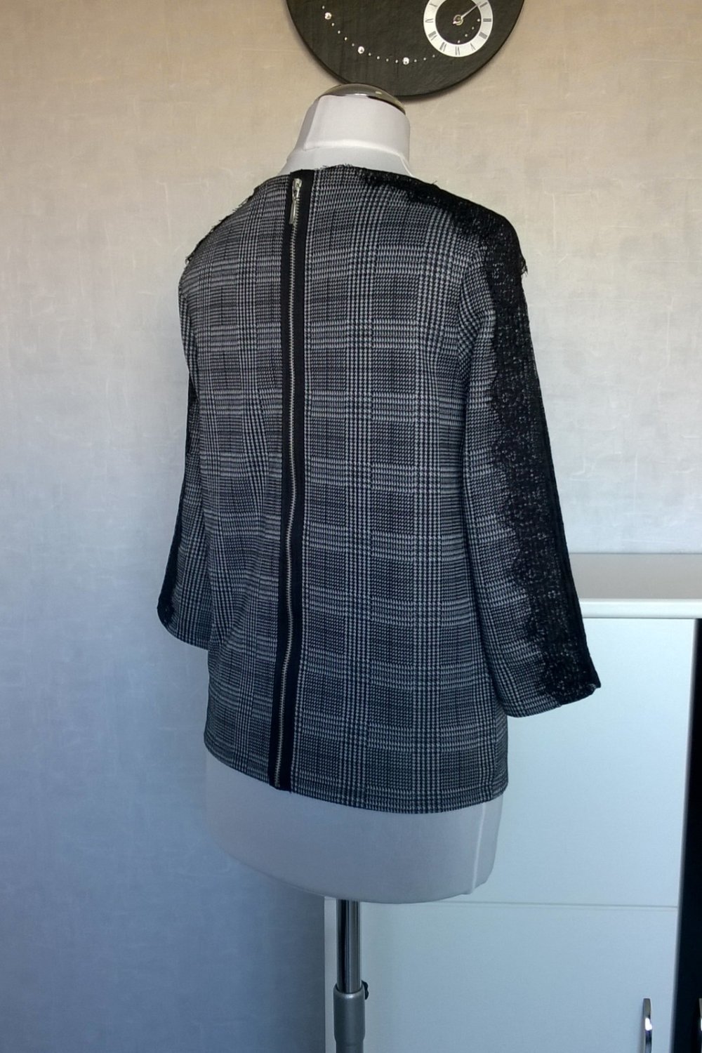 Bluse Shirt Oberteil Top ¾-Arm schwarz weiß kariert mit Spitze Gr. XS Orsay neu