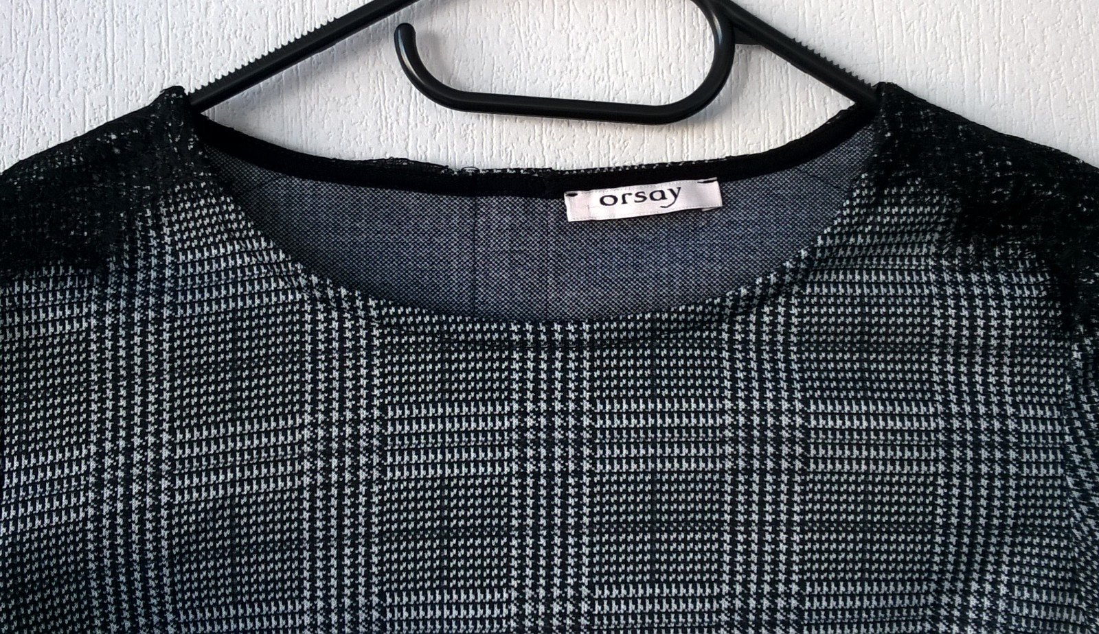 Bluse Shirt Oberteil Top ¾-Arm schwarz weiß kariert mit Spitze Gr. XS Orsay neu