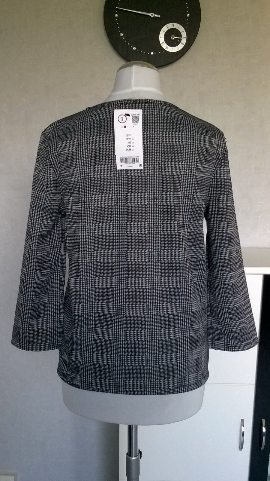 Shirt Bluse Oberteil Top ¾-Arm schwarz weiß kariert mit Steinen Gr. S Orsay neu mit Etikett