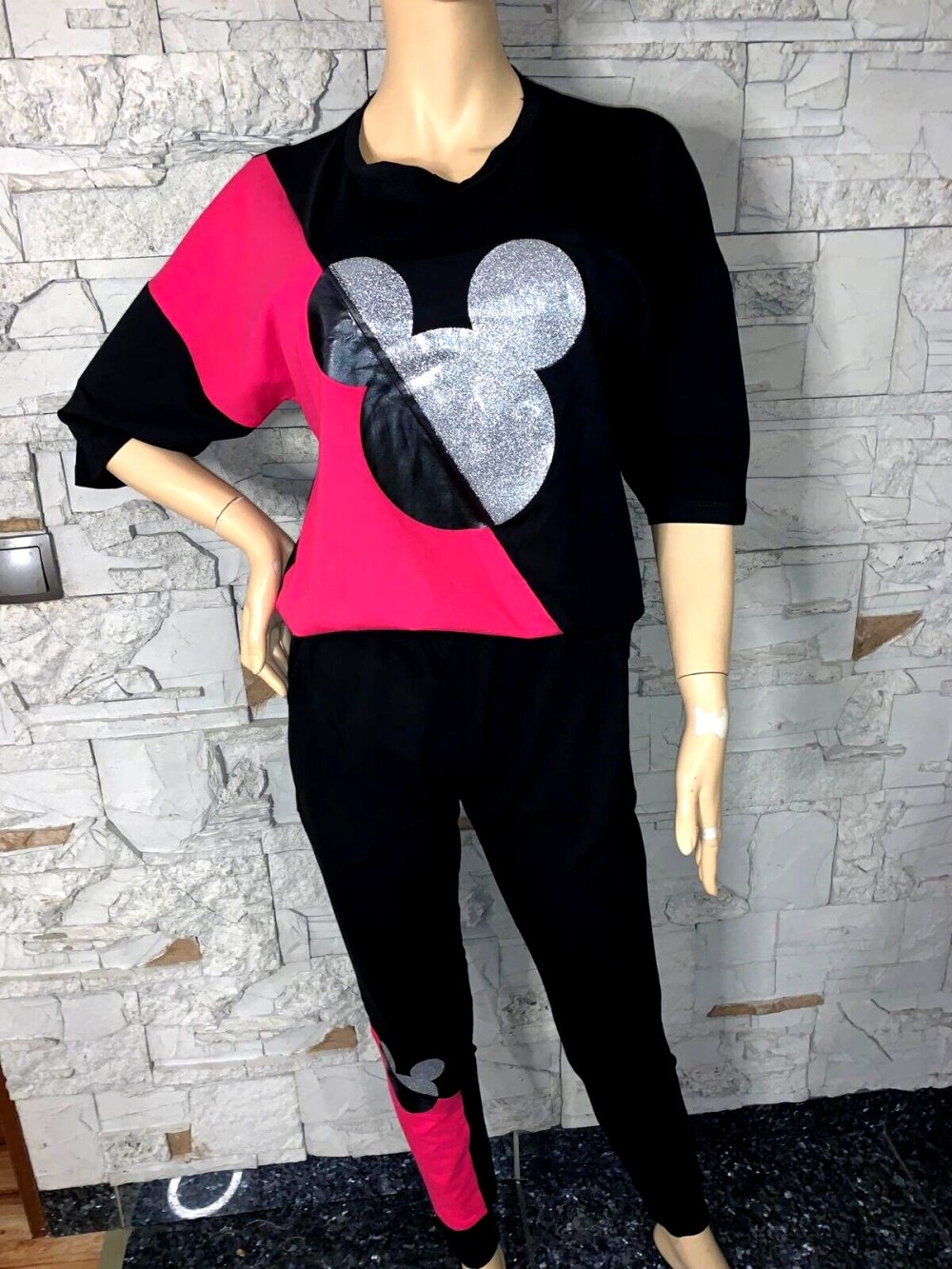 Freizeitanzug Jogginganzug  in gr 36-42  Farbe Schwarz Pink   Motiv Mickey Glitzer