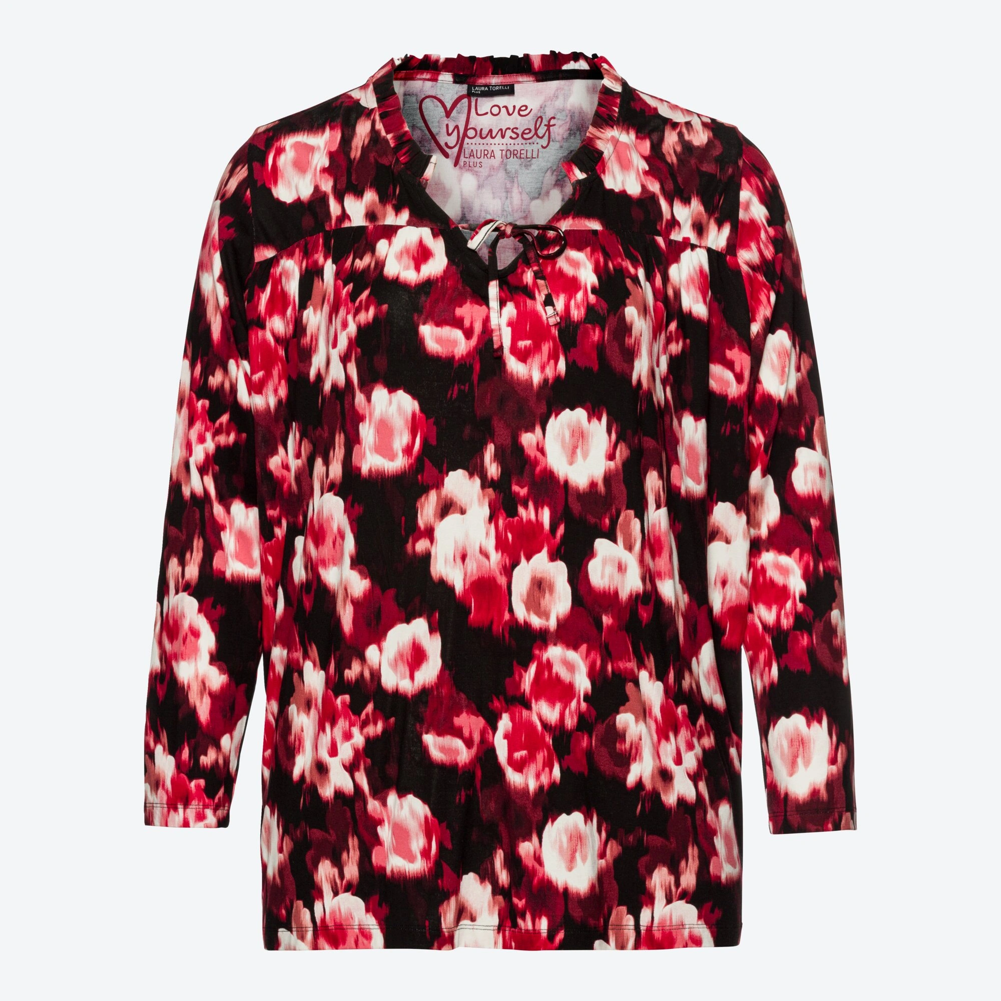 Damen-Langarmshirt Tunika rot schwarz Blumen Gr. 48 50 52 XL XXL