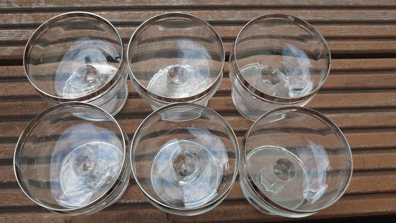 Glas Gläser Likörglas 6 Stück silberner Rand 70er / 80er Jahre original Vintage