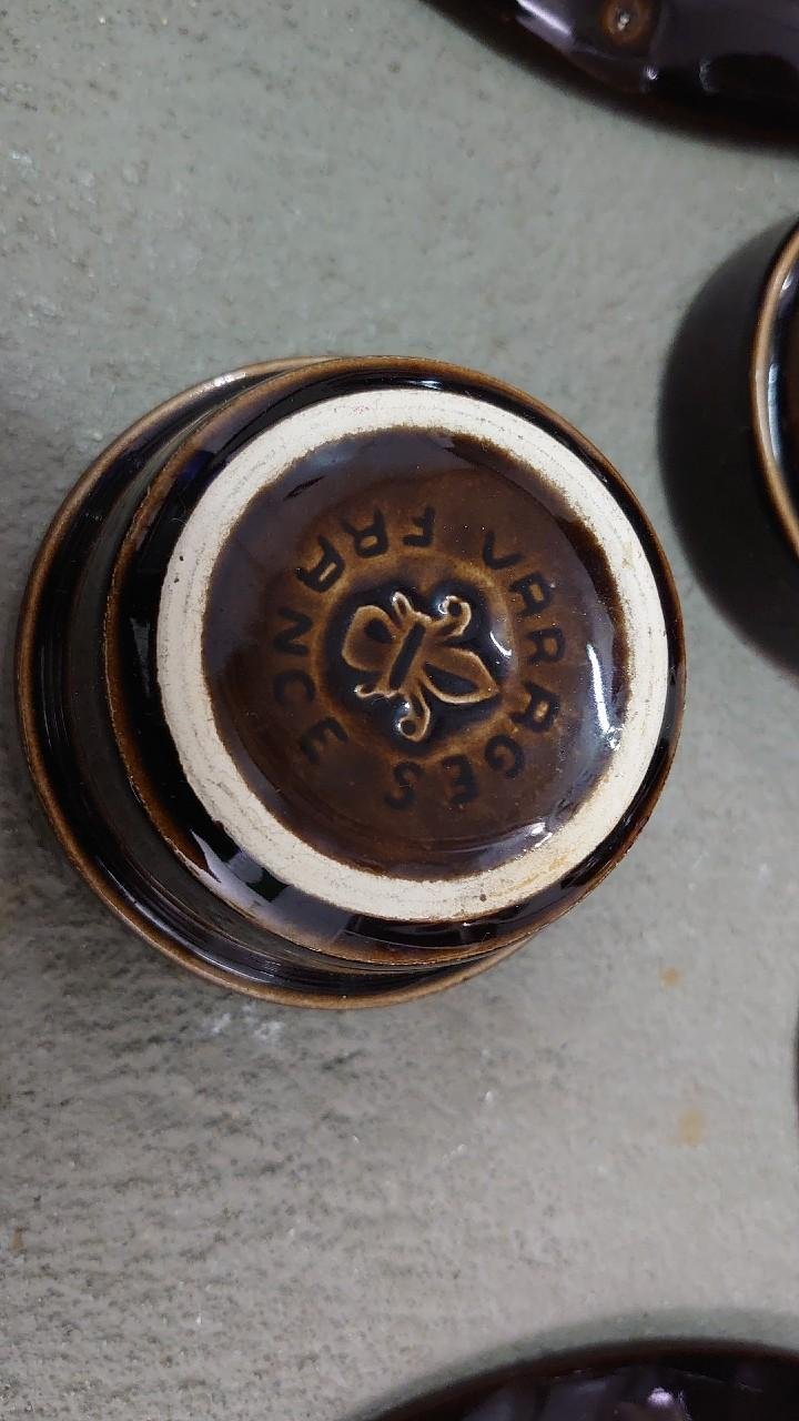 Fondue Teller Tonteller Vintage Varages France 4 Fondue Teller und 3 kleine Tonschüsseln 