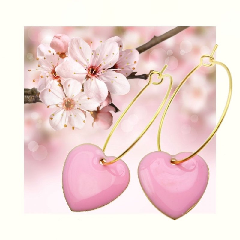 Ohrringe, Creolen gold mit beidseitig emaillierten -rosa Herz -Anhängern, Ohrhänger