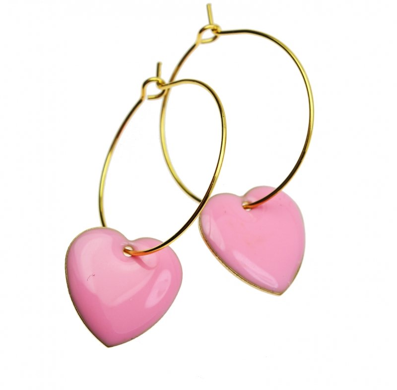 Ohrringe, Creolen gold mit beidseitig emaillierten -rosa Herz -Anhängern, Ohrhänger