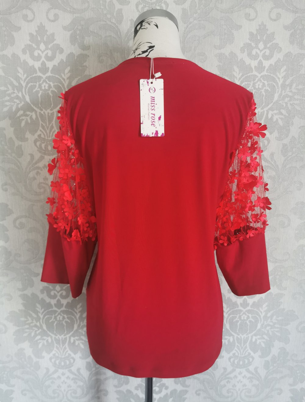 Miss Rose Shirt Gr. M in rot Perlen Blumen  durchsichtige Ärmel Neu mit Etikett
