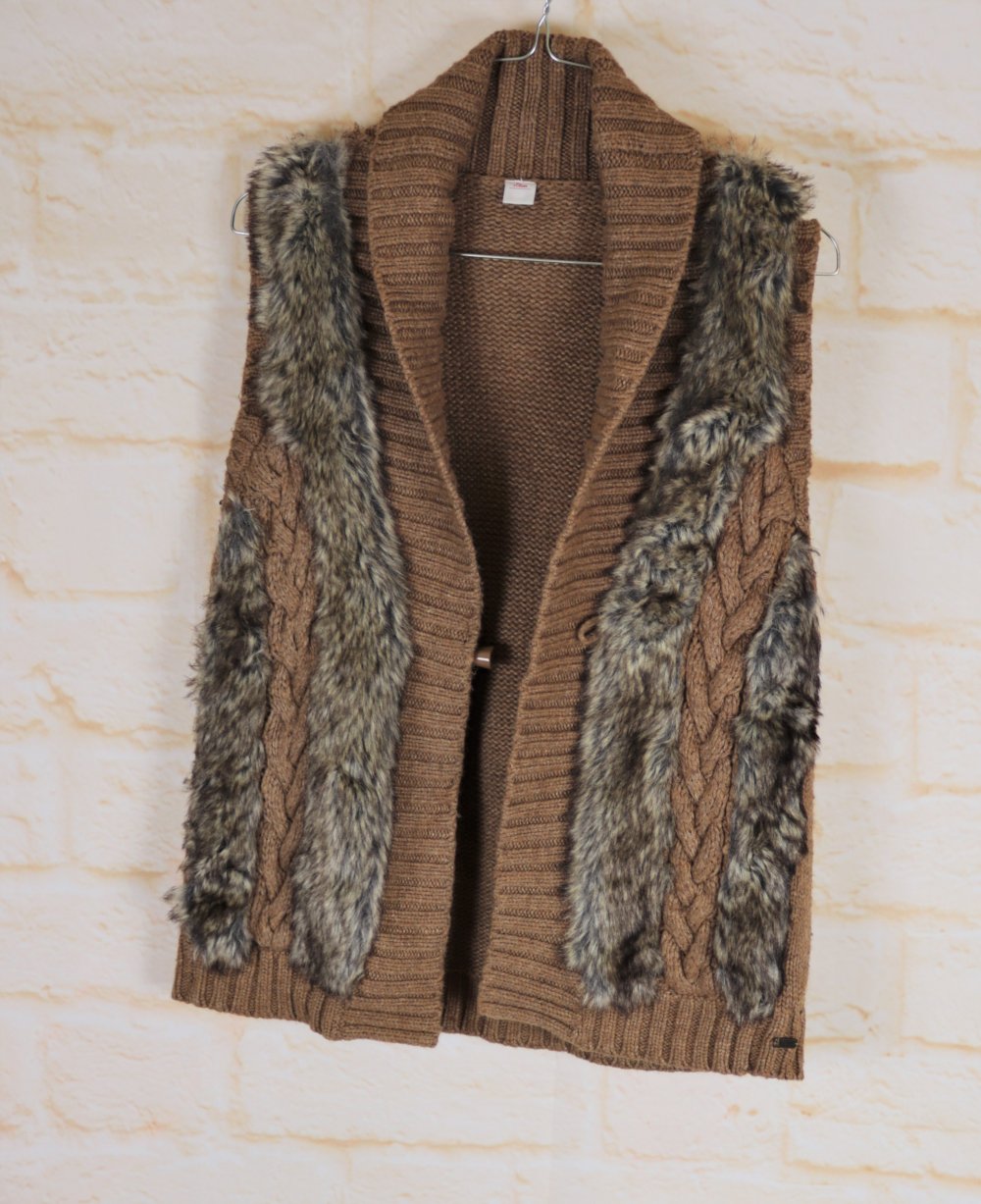 Warme Strickweste Weste s.oliver Größe S 36 Hellbraun Zopfmuster Strick Kunstpelz Schalkragen