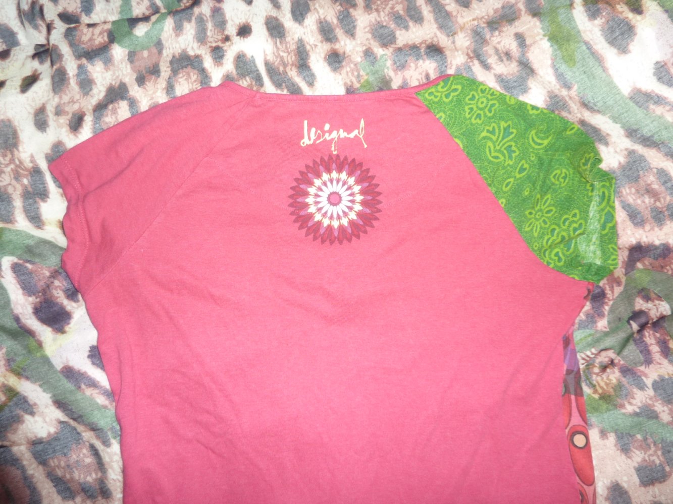 Damen T Shirt Longshirt Desigual L XL 42 Baumwolle pink grün