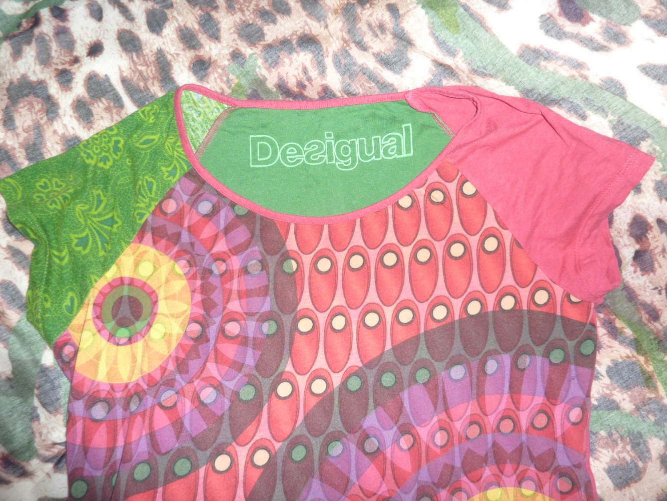 Damen T Shirt Longshirt Desigual L XL 42 Baumwolle pink grün