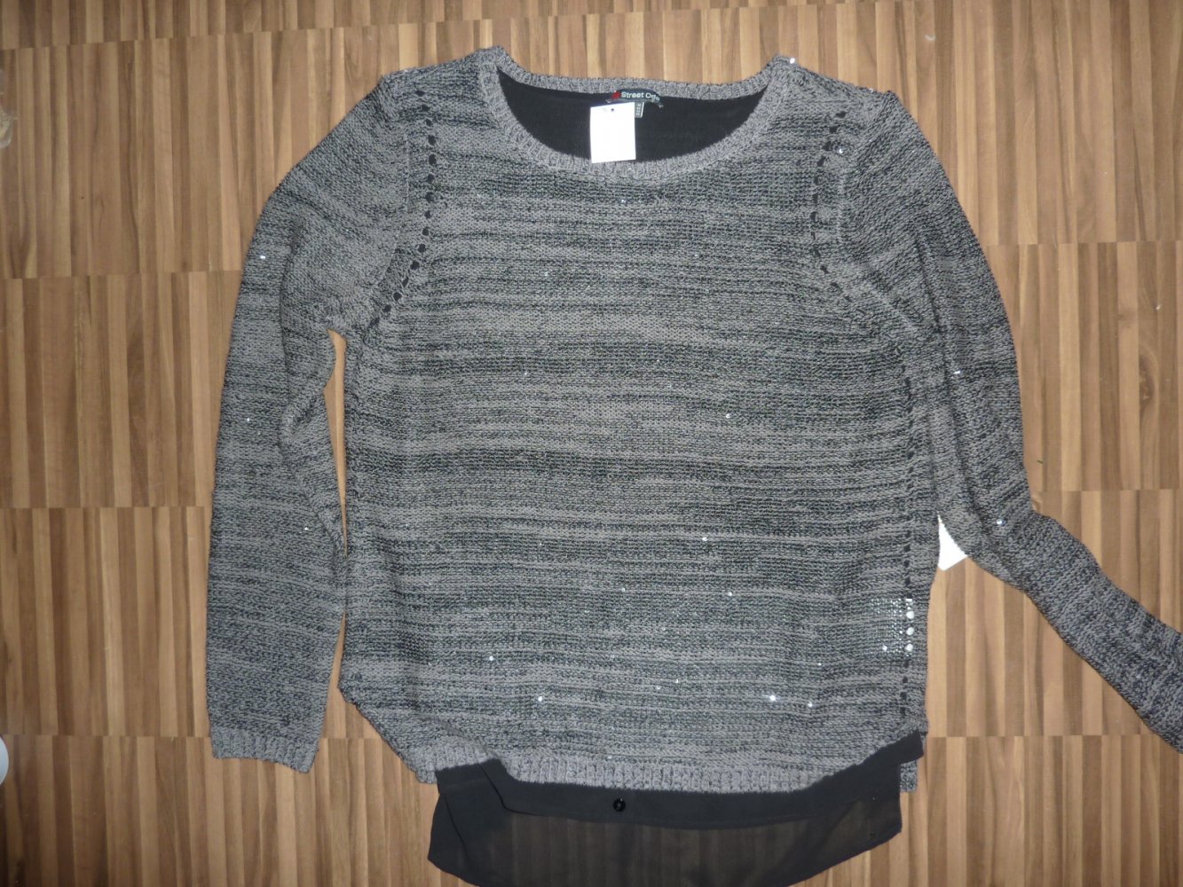 Damen Pullover Street One Gr. S 36 (evtl. 38 ) grau schwarz Pailletten Pulli