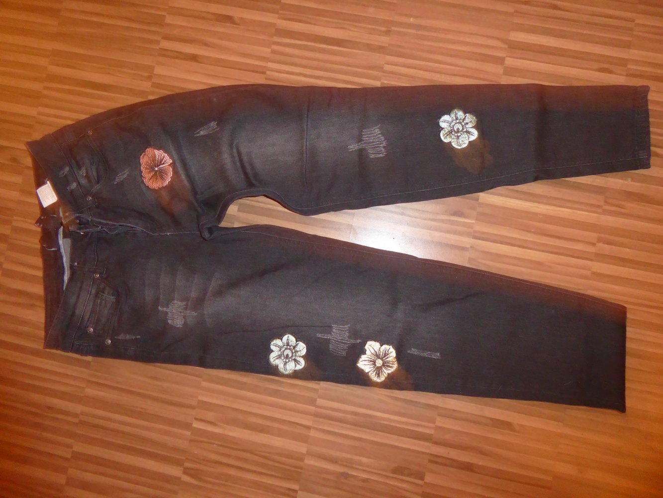 Damen Röhre Jeans NEU antharzit schwarz 40 M RAINBOW Blüten Stickerei Destoyed