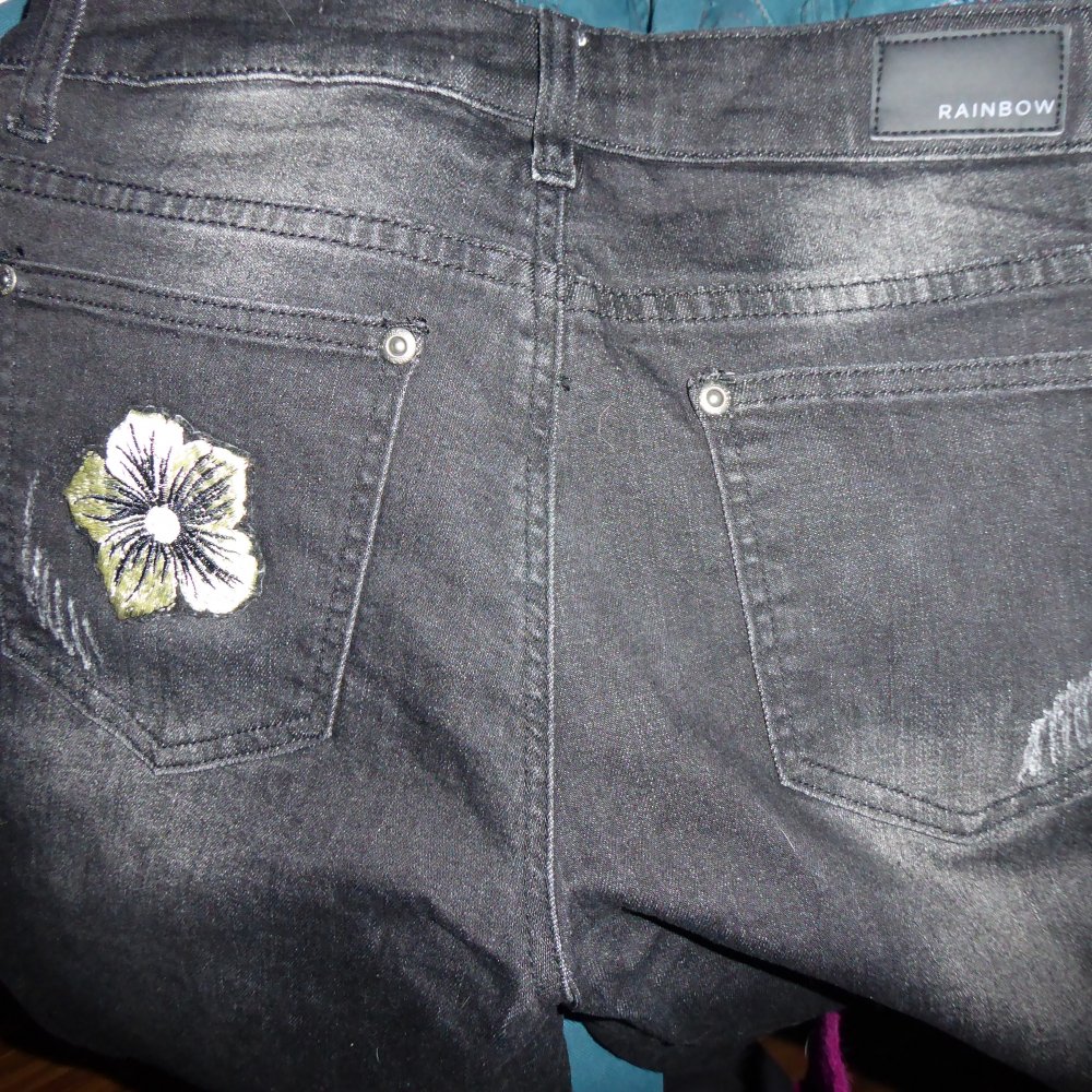 Damen Röhre Jeans NEU antharzit schwarz 40 M RAINBOW Blüten Stickerei Destoyed