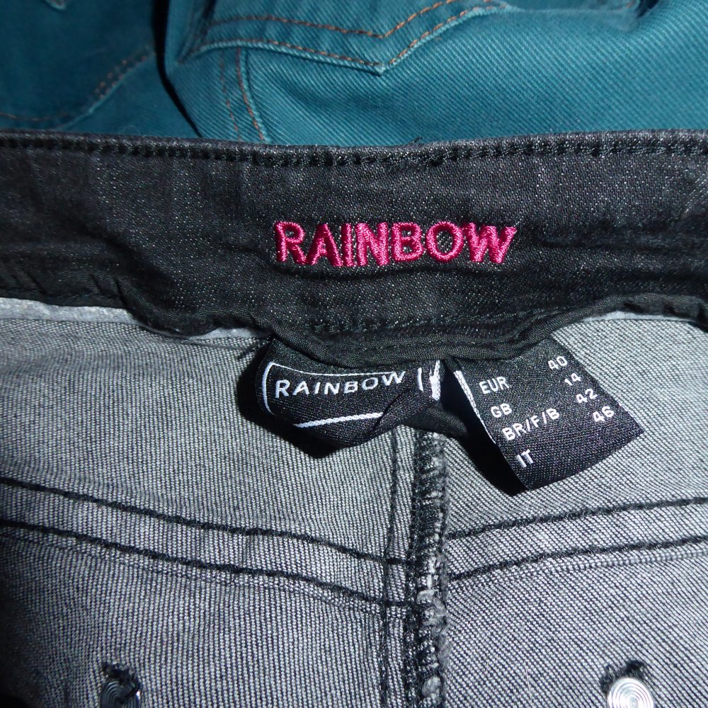 Damen Röhre Jeans NEU antharzit schwarz 40 M RAINBOW Blüten Stickerei Destoyed