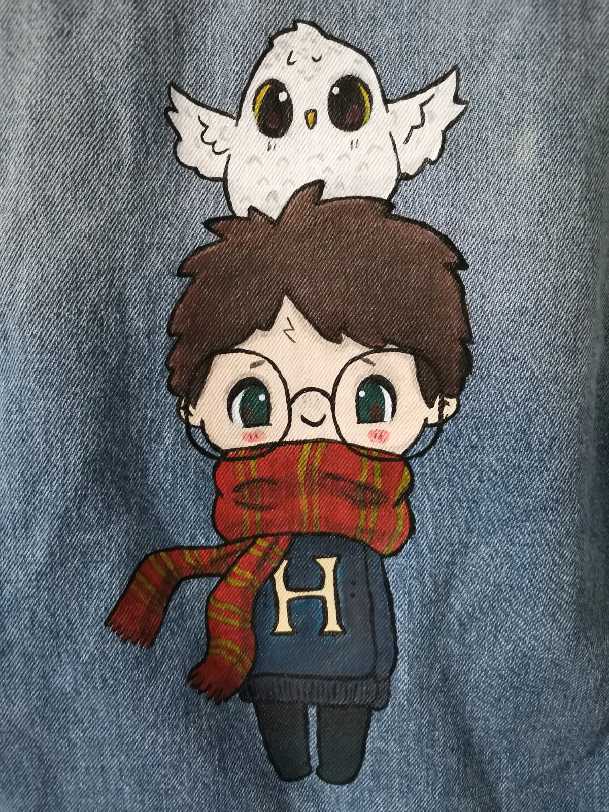 Handbemalte Jeansjacke Harry Potter und Hedwig Nerdy Nerdig Gr. 38 Oversized von H&M Unikat