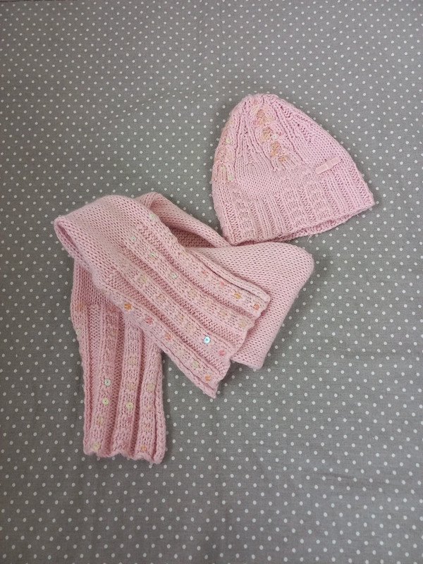 Prénatal Baby Set Mütze und Schal, Gr 48, 49, 50, rose, Pailletten, Herbst, Winter
