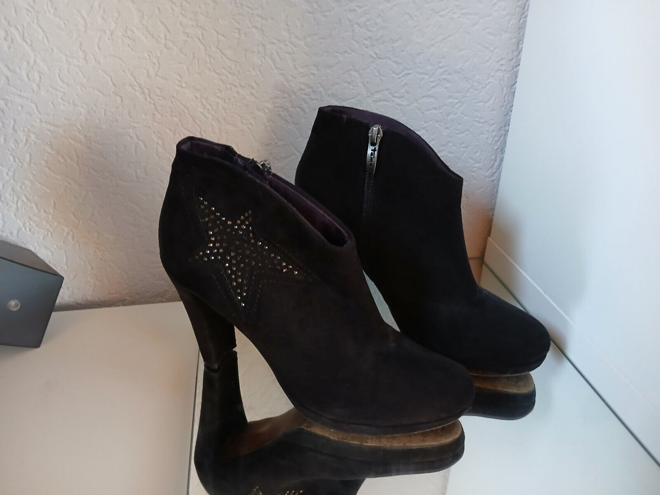 Tamaris Stiefeletten Gr.38 Wildleder schwarz Glitter Stern Vintage Büro