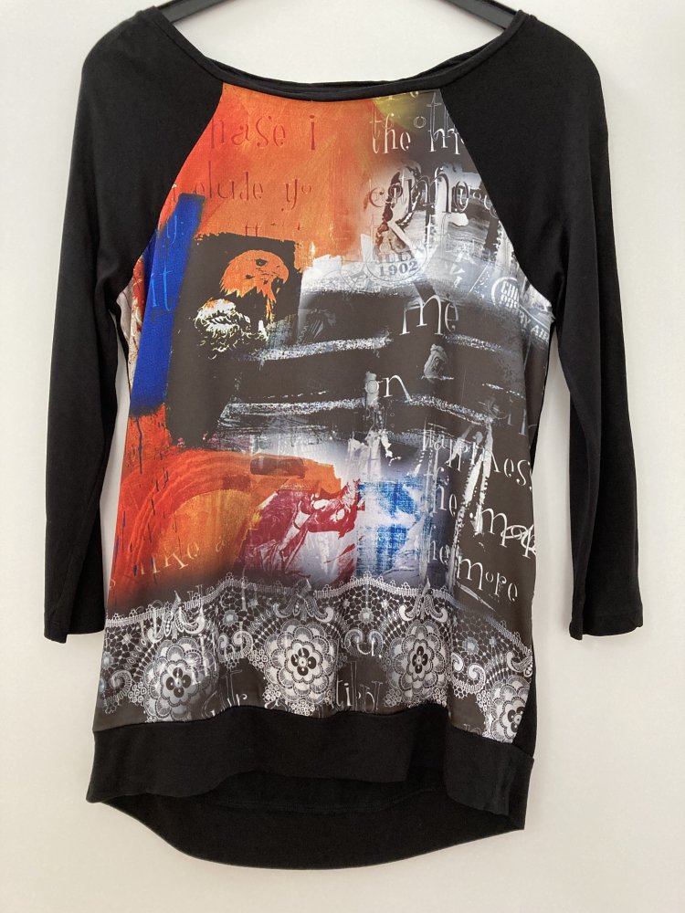 Mandarin Langarm Shirt in schwarz mit kreativem bunten Druck Gr. 36