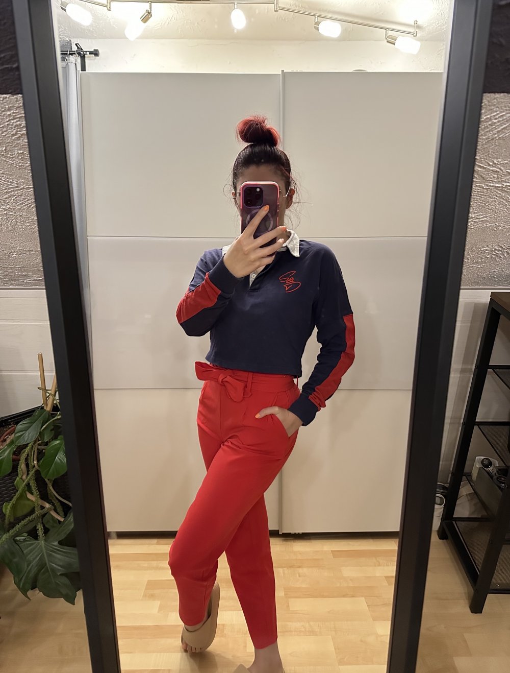 Supply & Demand Crop Langarm Poloshirt dunkelblau rot XS 34