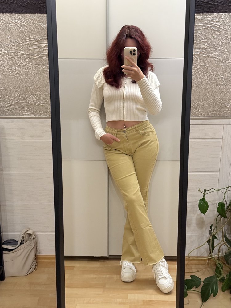 Schlaghose Wide Leg Jeans senffarben beige S 36