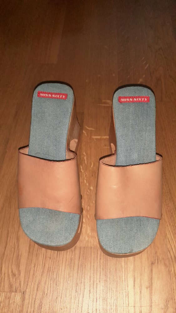Miss Sixty Wedges Holz Plateau Y2K Heels Pantoletten Mules Jeans Leder 38