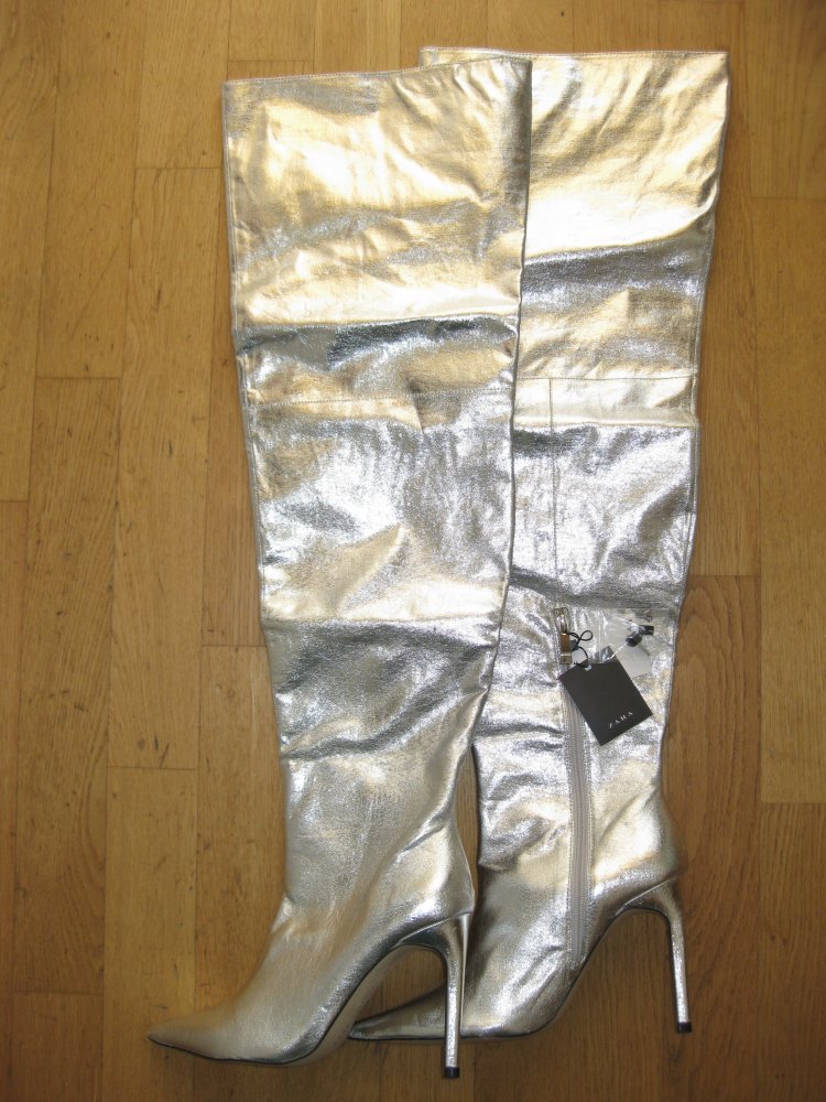 Zara Stiletto Overknee spitz silber metallic 40