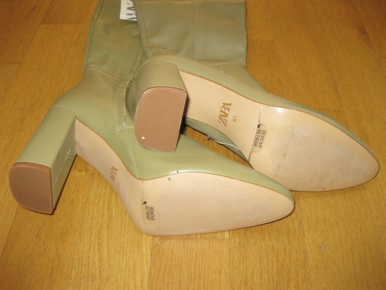 Zara Overknee Schlupfstiefel Leder olive 40